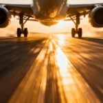 An airplane is seen taking off on a runway during sunset, with golden light reflecting off the pavement and the aircraft. An airplane is seen taking off on a runway during sunset, with golden light reflecting off the pavement and the aircraft.