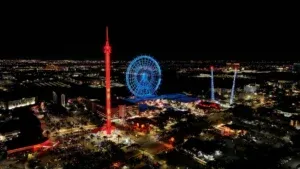 Icon Park At Orlando In Florida United States. Illuminated Park. Universal Orlando Scene. Night City Scenery. Florida United States. Icon Park At Orlando In Florida United States.