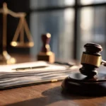 Gavel and scales of justice on a desk with legal documents in a professional law office Gavel and scales of justice on a desk with legal documents in a professional law office